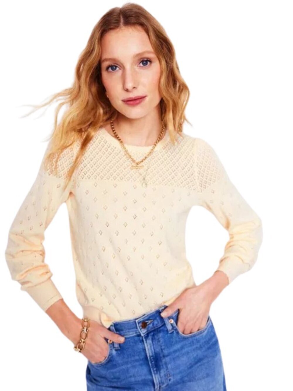 Boden Rosalie Pointelle Jumper Sweater 100% Cotton Cottagecore Cream - Medium